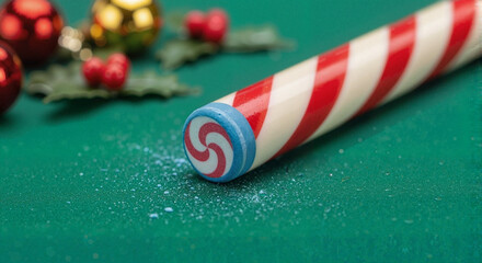 Candy cane pool cue on green table with Christmas decorations  