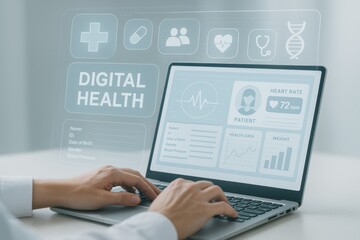 User interacting with digital health interface on a laptop, showcasing patient data and analytics. Concept of telemedicine, health technology, and data management.