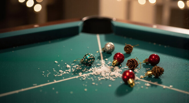 Holiday decorations and ornaments scattered on a billiards table - Concept of New Year and Christmas greetings and cards for bowling and billiards  