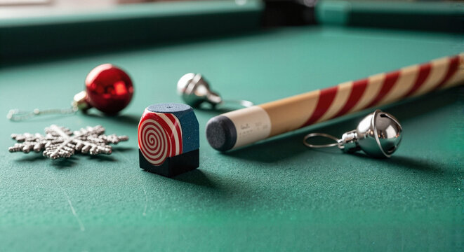 Billiard cue and Christmas decorations on green pool table surface, concept of New Year and Christmas greetings and cards for bowling and billiards  