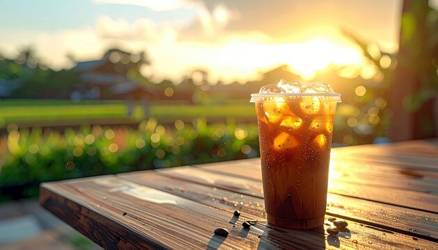 A refreshing iced coffee in a clear plastic cup sits on a rustic wooden table, bathed in the warm glow of a sunset.