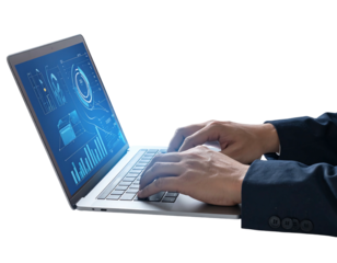 Close-up of hands typing on a laptop with a digital display showing data visualizations. The device is isolated