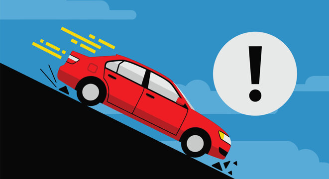 Car accident warning sign red vehicle on hill safety driving caution