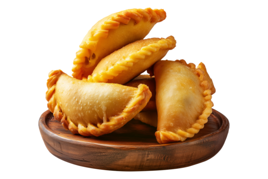 Fried baked pastry empanadas filled with ground beef cheese ham and crimped edges on wooden plate, isolated on white transparent background, concept of traditional Argentina snack