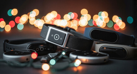 Assortment of fitness trackers and smartwatches with festive lights background, concept of New Year and Christmas greetings and cards for bowling and billiards  