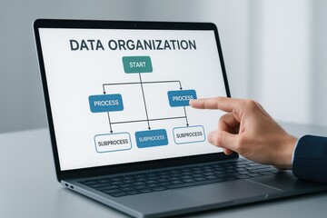 Business professional demonstrating data organization flowchart on laptop, emphasizing structured processes and decision-making strategies in data management.