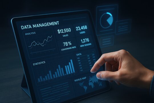 Business professional analyzing data management dashboard on a tablet, showcasing sales figures, user statistics, and performance metrics. Concept of digital analytics and strategic decision-making.