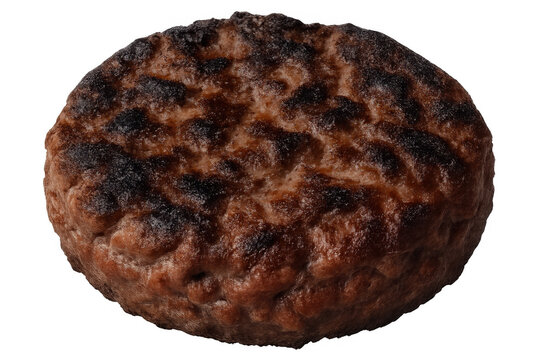 Grilled hamburger patty with char marks on transparent background, fresh cooked beef for a homemade burger