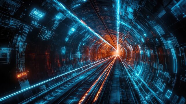 Futuristic high speed railway tunnel traveling into digital data - Powered by Adobe