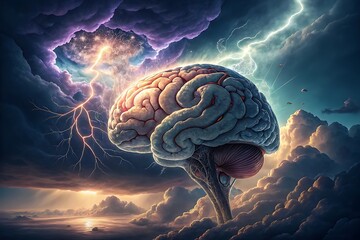 a dramatic depiction of a human brain amidst a tempestuous storm with lightning illuminating the intricate neural pathways and a distant horizon