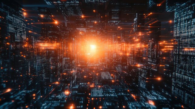 Digital data network connecting futuristic cyberspace infrastructure