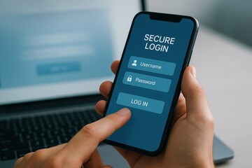 User accessing secure login on smartphone for online account management. Concept of cybersecurity, digital authentication, and modern connectivity.