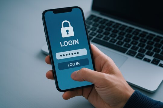 User entering login credentials on a smartphone with a password security screen, representing digital authentication and online security concepts.