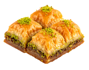 Close-up of four, golden, layered pastries, each topped with a sprinkle of green, finely chopped nuts, with a sweet, shiny glaze