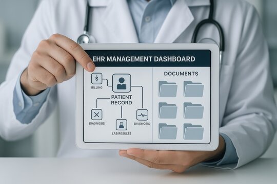 Doctor Showing EHR Management Dashboard on Digital Tablet, Electronic Health Record System, Medical Data Interface, Healthcare Technology Concept