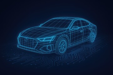 Wireframe car blueprint on circuit board, futuristic auto design