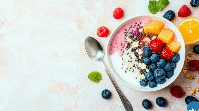 A vibrant bowl of yogurt topped with fresh blueberries, strawberries, raspberries, diced melon, and chia seeds, surrounded by more fruit and a spoon.
