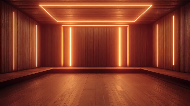 Empty wooden room with warm neon light bars