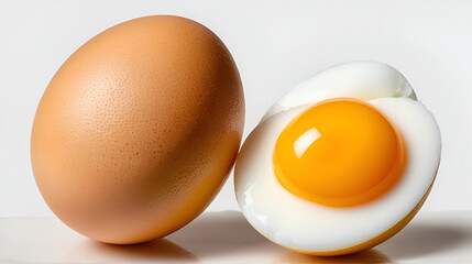 Close up of a whole brown egg and a halved hard boiled egg showing the bright yellow yolk isolated on transparent background