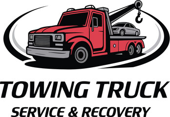 Red Towing Truck logo  Illustration with Car on Bed Ready for Recovery Service