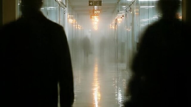 Blurred figures walking down corridor with bright light source