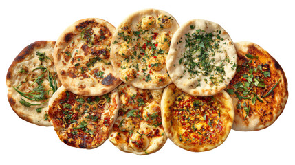 Variety of Indian naan flatbreads with herbs and spices