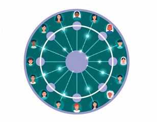 Obraz premium Modern flat-style illustration of a circular network diagram with diverse avatars (men and women of various ethnicities and ages) connected by glowing lines to a central hub. Represents social network
