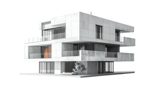 Modern white concrete house with balconies against dark background