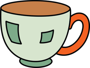 Light green teacup with orange handle and brown interior on white background drinkware beverage