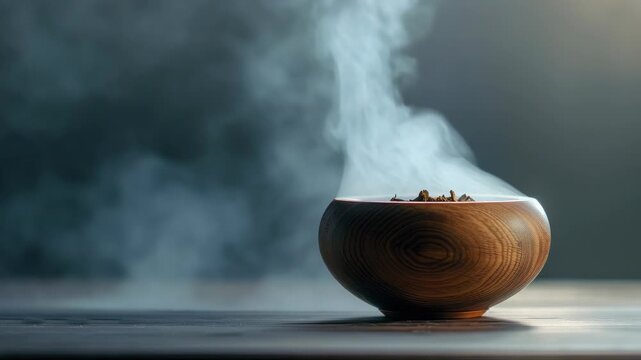 Wooden bowl emitting aromatic smoke on wooden surface