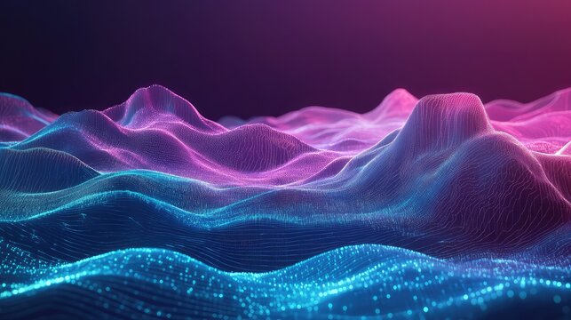 Digital landscape with glowing data waves network
