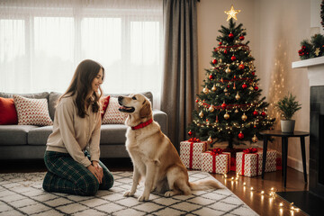 Joyful Golden Retriever and owner share a cozy Christmas evening by the festive tree, celebrating the holiday spirit at home with warmth and love