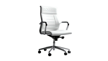 White leather office chair, chrome arms & base, black backdrop