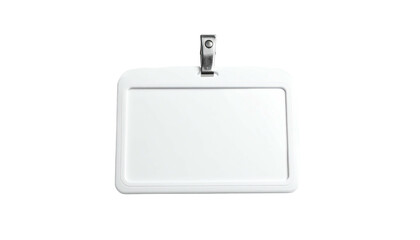 Isolated white plastic ID badge holder with metal clip detail
