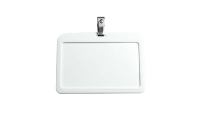 Isolated white plastic ID badge holder with metal clip detail