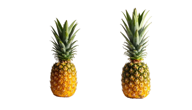 Two pineapples, one taller, isolated on a black backdrop