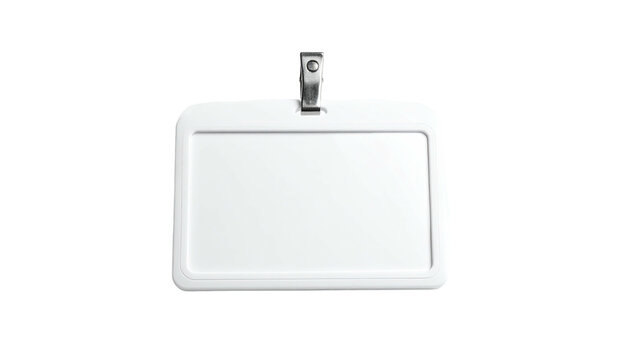 Isolated white plastic ID badge holder with metal clip detail