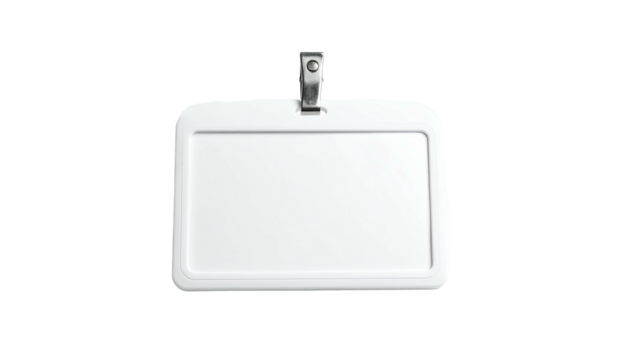 Isolated white plastic ID badge holder with metal clip detail