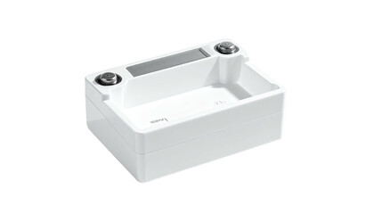 Rectangular white sink, modern, with silver faucet bases