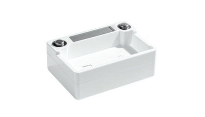 Rectangular white sink, modern, with silver faucet bases