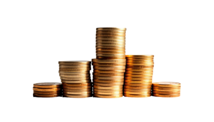 Gold coin stacks, ascending heights, on a stark black background