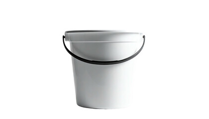 Clean, white plastic bucket with black handle on black background