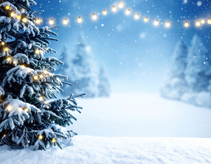 Serene Christmas night blankets snow covered forest path creating magical winter wonderland. Glowing string lights illuminate festive pine tree evoking feelings of joy and peaceful celebration