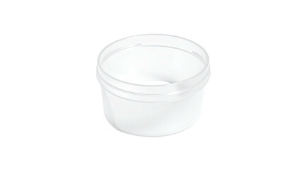 Round, empty, clear plastic container, slightly angled
