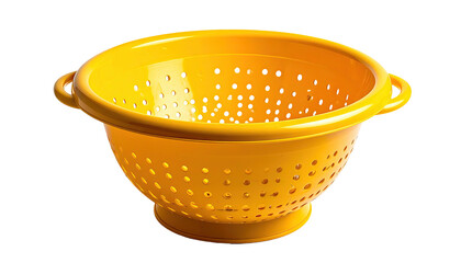 Bright yellow plastic colander with holes on a black background