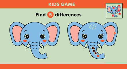 Find differences game for kids elephant puzzle activity educational