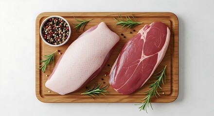 Raw Duck Breast Cooking Prep – Ingredients on White Background Top View.