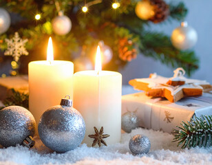 Glowing christmas candle light illuminates festive silver ornament gift boxes nestled fresh white snow. warm holiday celebration winter atmosphere creates serene and joyful feeling for everyone