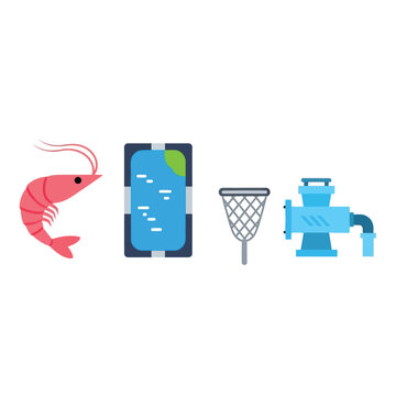 Vector illustration featuring a shrimp, a swimming pool, a net, and a water pump.