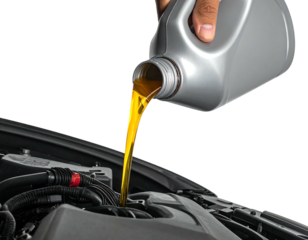 Close-up view of pouring a fluid from a gray plastic container into an engine bay. Black background